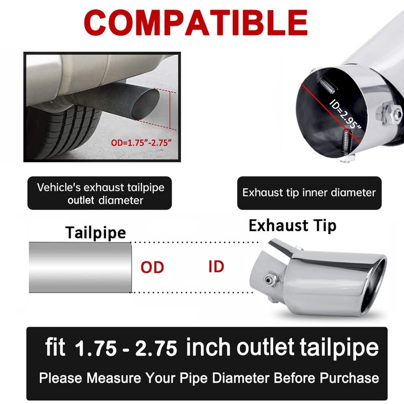 Dsycar Universal 1.75-2.75 inch Curved Exhaust Tips, Chrome-Plated Finish Bolt On Design Exhaust Tips for 1.75"/2"/2.25"/2.5"/2.75" Outside Diameter Tailpipes (Silver Large Curved) - Image 5
